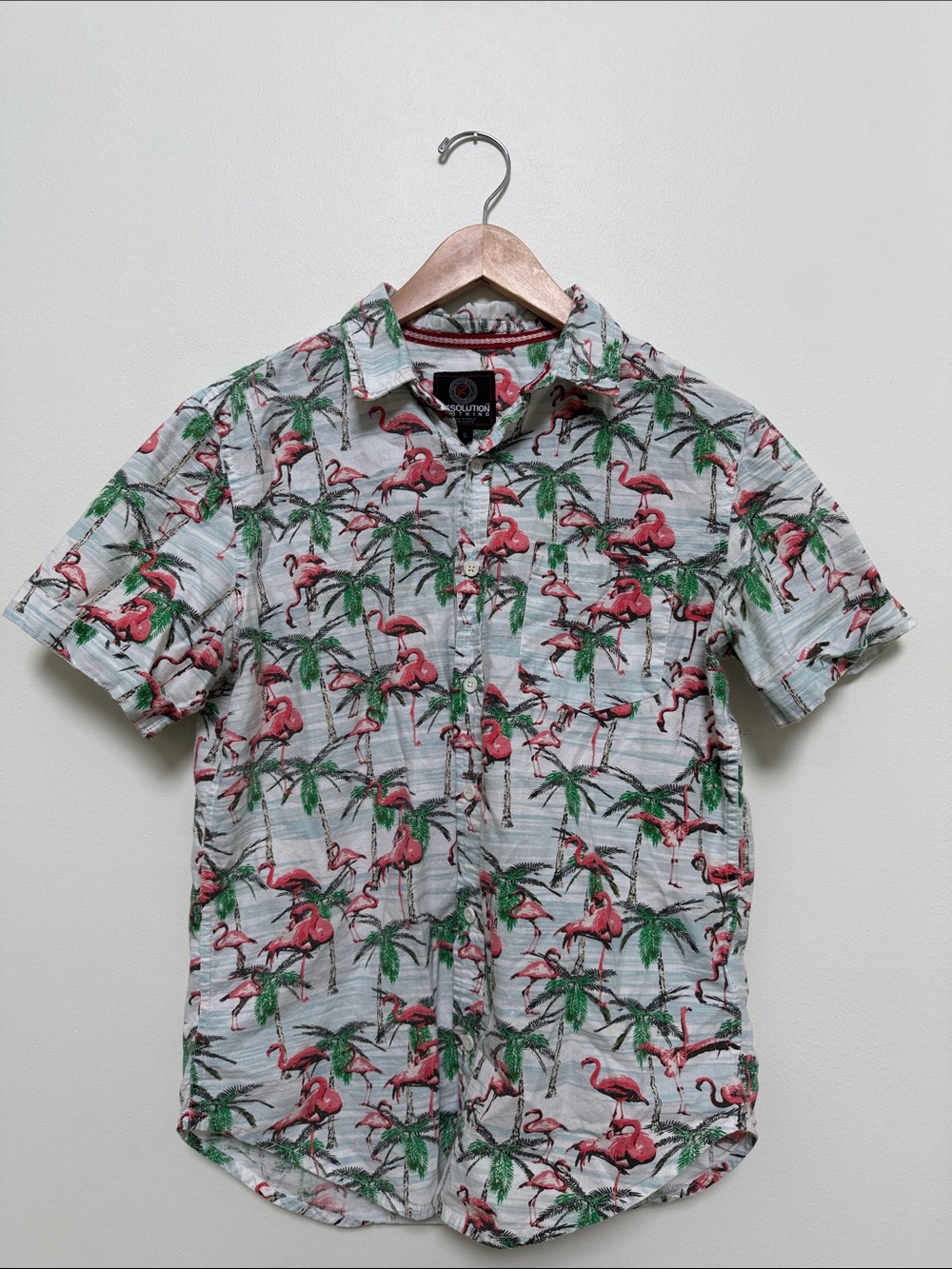 Revolution Short-Sleeve Flamingo Print Button-Down Shirt - White, Pink, Green